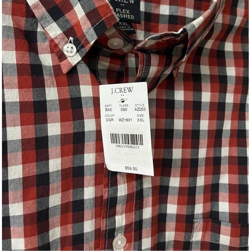 J Crew Long Sleeve Plaid Button Down Shirt Mens XXL Red Navy Flex Preppy NWT